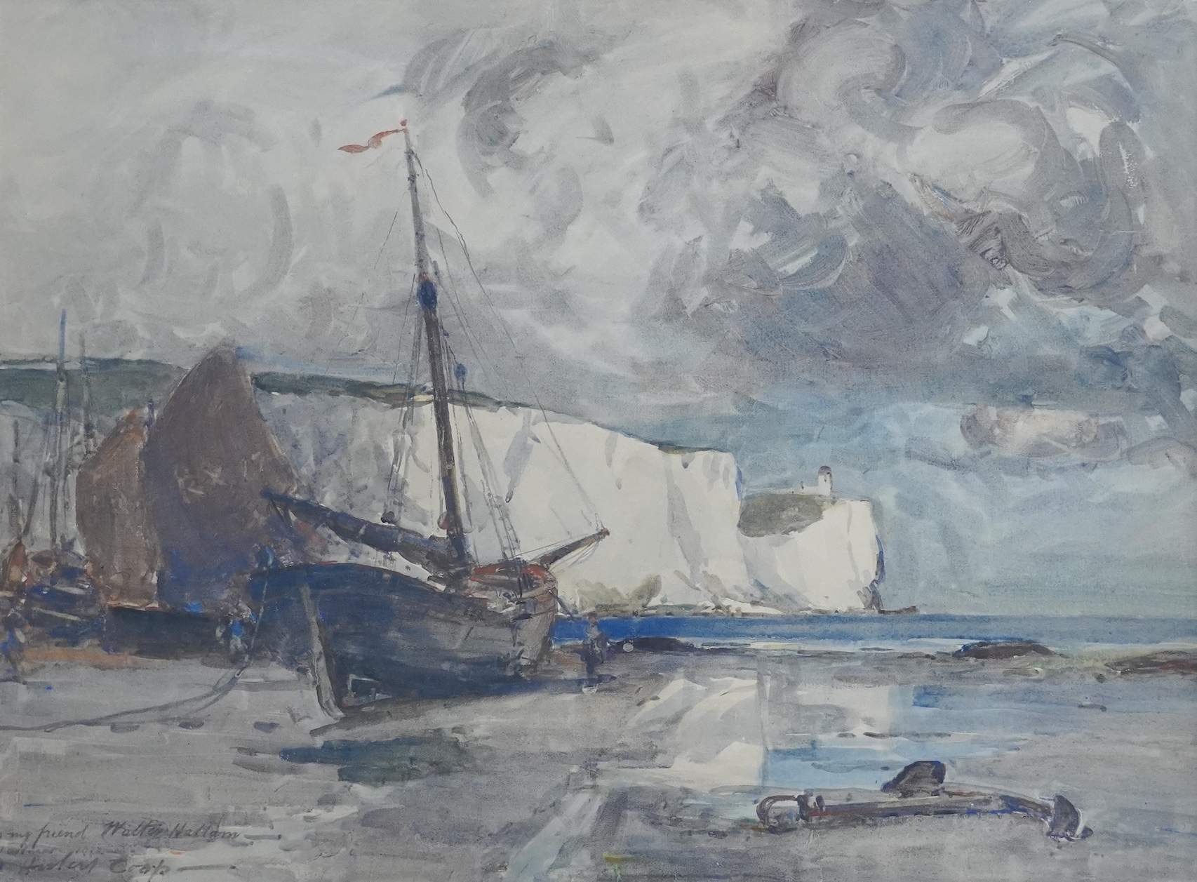Hubert Coop (1872-1953), watercolour, Coastal view with beached fishing boats, signed, inscribed and dated 1912, 54 x 71cm